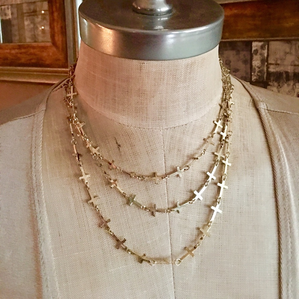 Gold Triple Strand Cross Necklace